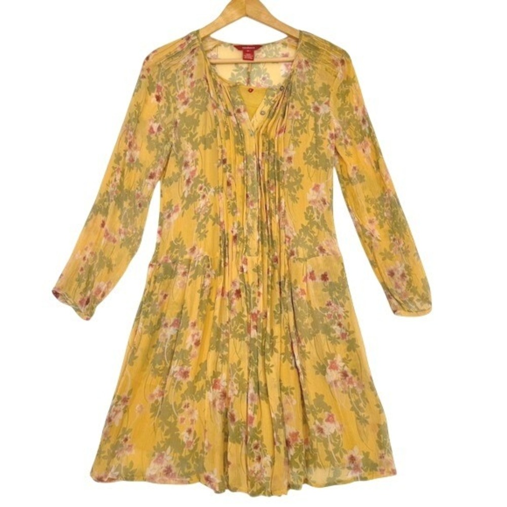 SUNDANCE Ditsy Floral 100% Silk Sundress Long‎ Sleeve Sun Dress Size S Yellow